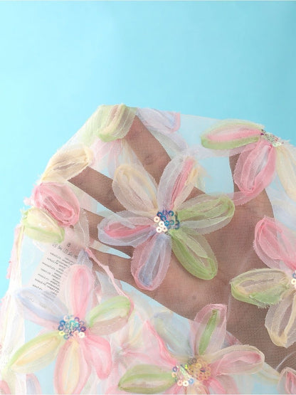 Pastel Floral Appliqué Bikini Set with Sarong