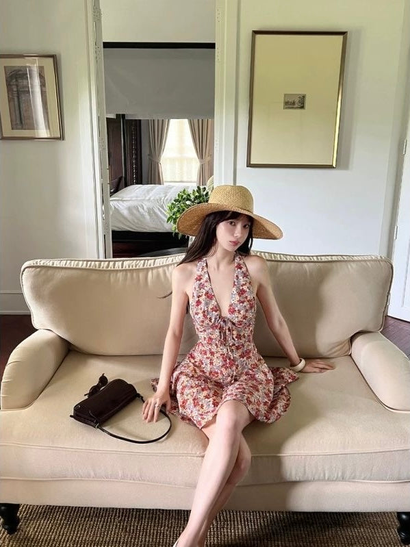 Floral Halter Backless Summer Dress