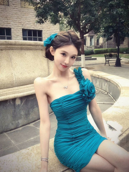 Emerald Muse Ruched Mini Dress with Accessories