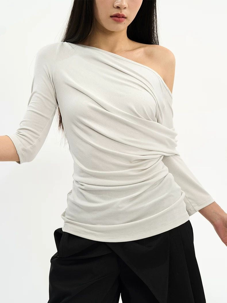 Asymmetric Off-the-Shoulder Ruched Top - Grey Slim Fit 3/4 Sleeve Blouse - Minimalist Avant-Garde Draped Shirt - INNA Collection