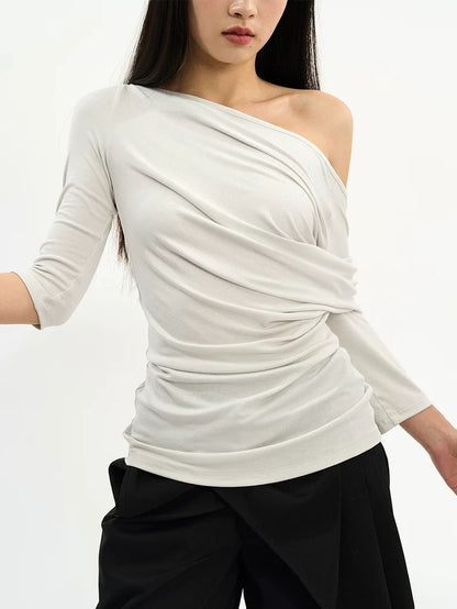 Asymmetric Off-the-Shoulder Ruched Top - Grey Slim Fit 3/4 Sleeve Blouse - Minimalist Avant-Garde Draped Shirt - INNA Collection