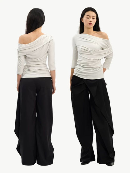 Asymmetric Off-the-Shoulder Ruched Top - Grey Slim Fit 3/4 Sleeve Blouse - Minimalist Avant-Garde Draped Shirt - INNA Collection