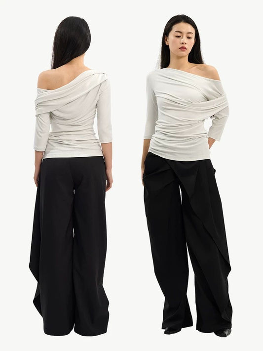 Asymmetric Off-the-Shoulder Ruched Top - Grey Slim Fit 3/4 Sleeve Blouse - Minimalist Avant-Garde Draped Shirt - INNA Collection