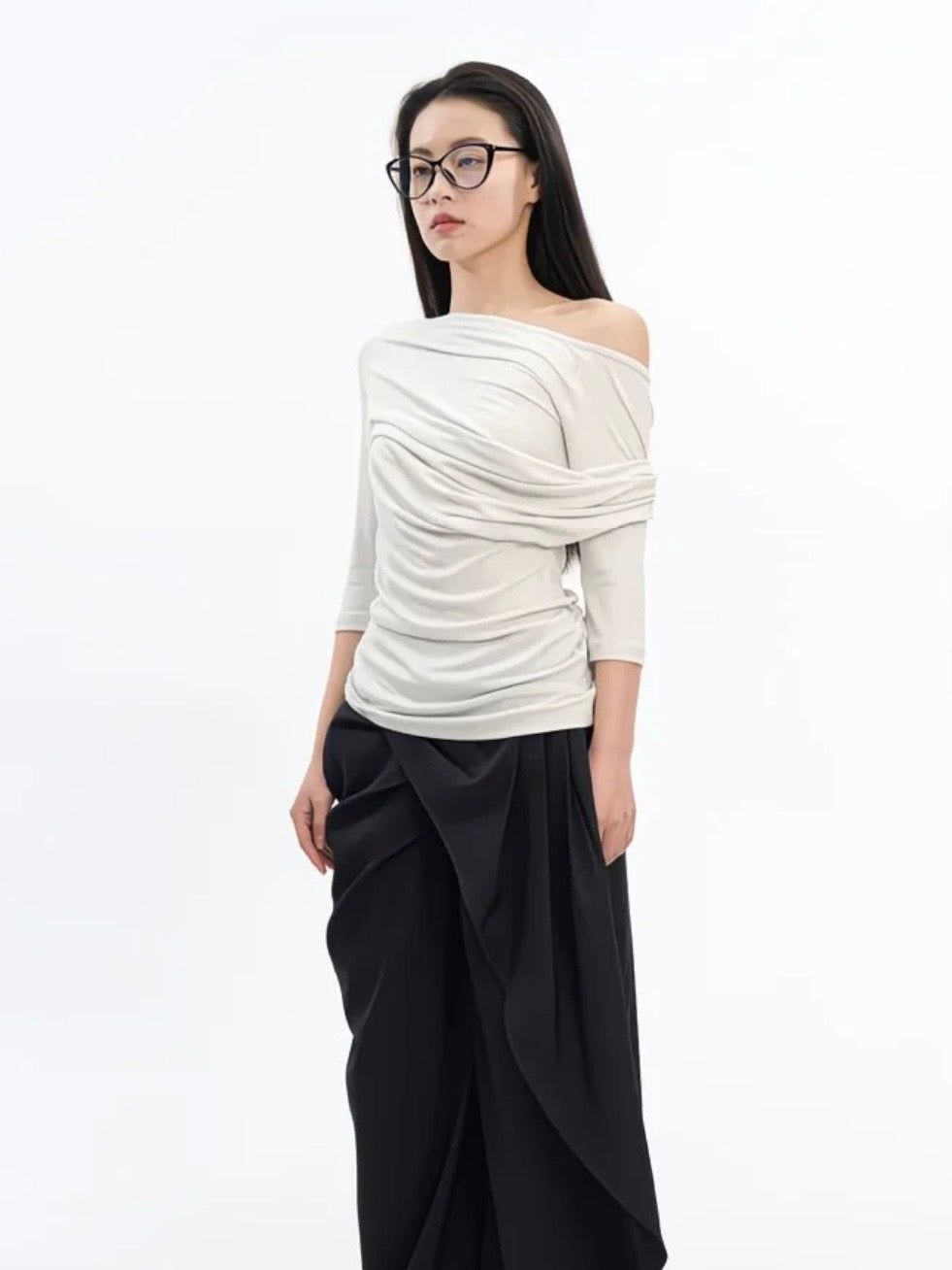 Asymmetric Off-the-Shoulder Ruched Top - Grey Slim Fit 3/4 Sleeve Blouse - Minimalist Avant-Garde Draped Shirt - INNA Collection