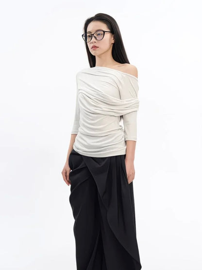 Asymmetric Off-the-Shoulder Ruched Top - Grey Slim Fit 3/4 Sleeve Blouse - Minimalist Avant-Garde Draped Shirt - INNA Collection