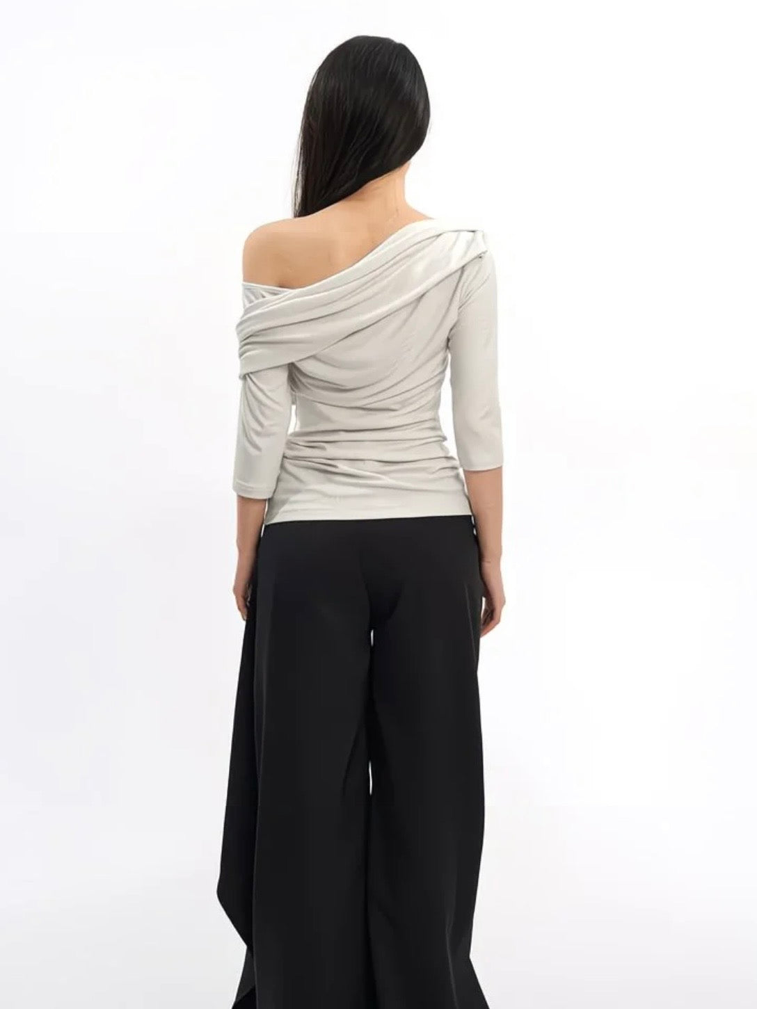 Asymmetric Off-the-Shoulder Ruched Top - Grey Slim Fit 3/4 Sleeve Blouse - Minimalist Avant-Garde Draped Shirt - INNA Collection
