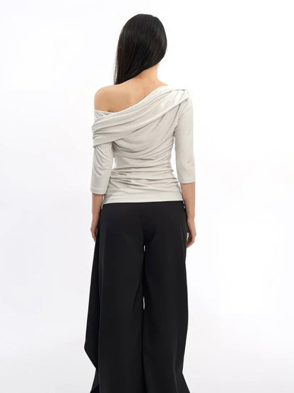 Asymmetric Off-the-Shoulder Ruched Top - Grey Slim Fit 3/4 Sleeve Blouse - Minimalist Avant-Garde Draped Shirt - INNA Collection
