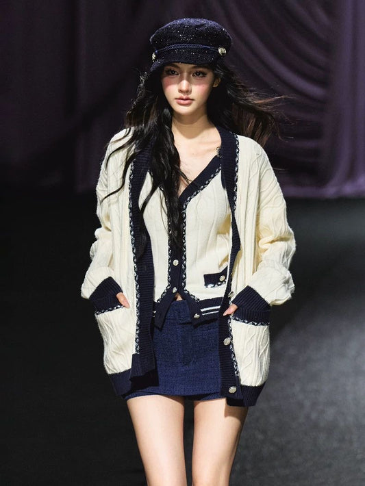Contrast Trim Knit Cardigan & Mini Skirt Set