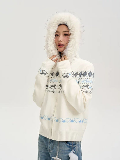Fair Isle Knit Zip Jacket with Faux Fur Collar