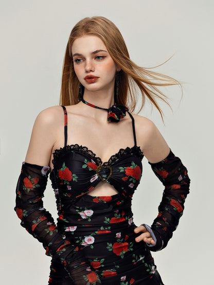 Black Floral One-piece Swimsuit with Sleeves