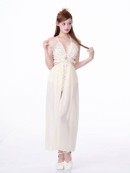 Creamy White Floral One-Piece Swimsuit with Tulle Skirt