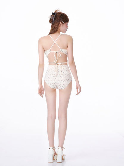 Creamy White Floral One-Piece Swimsuit with Tulle Skirt