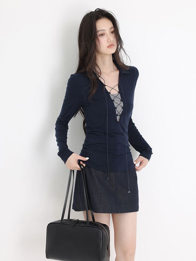 Midnight Lace-Up Fitted Top