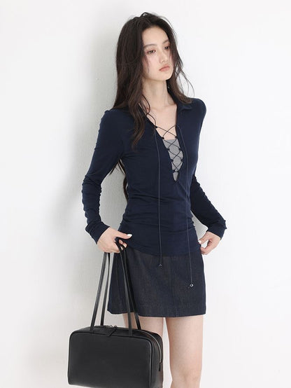 Midnight Lace-Up Fitted Top