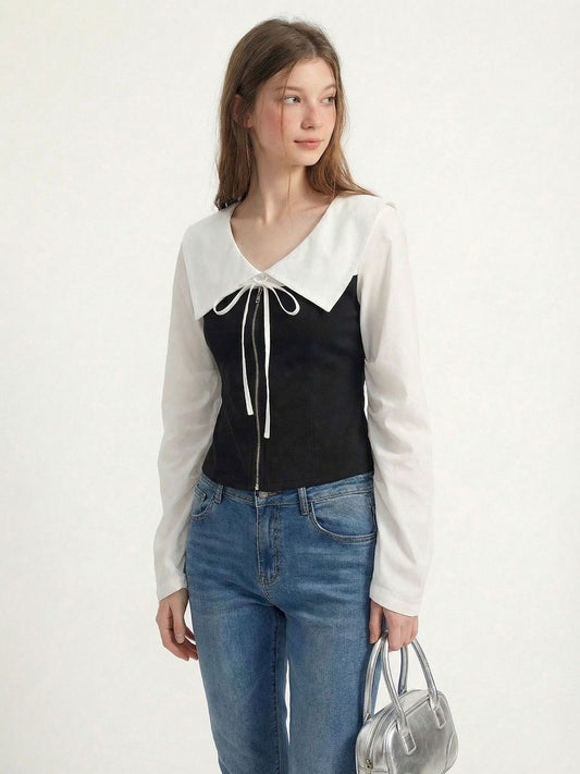 Contrast Peter Pan Collar Blouse - Black Corset-Style Zip Top with White Lantern Sleeves - Elegant French Chic Academic Shirt - INNA Original