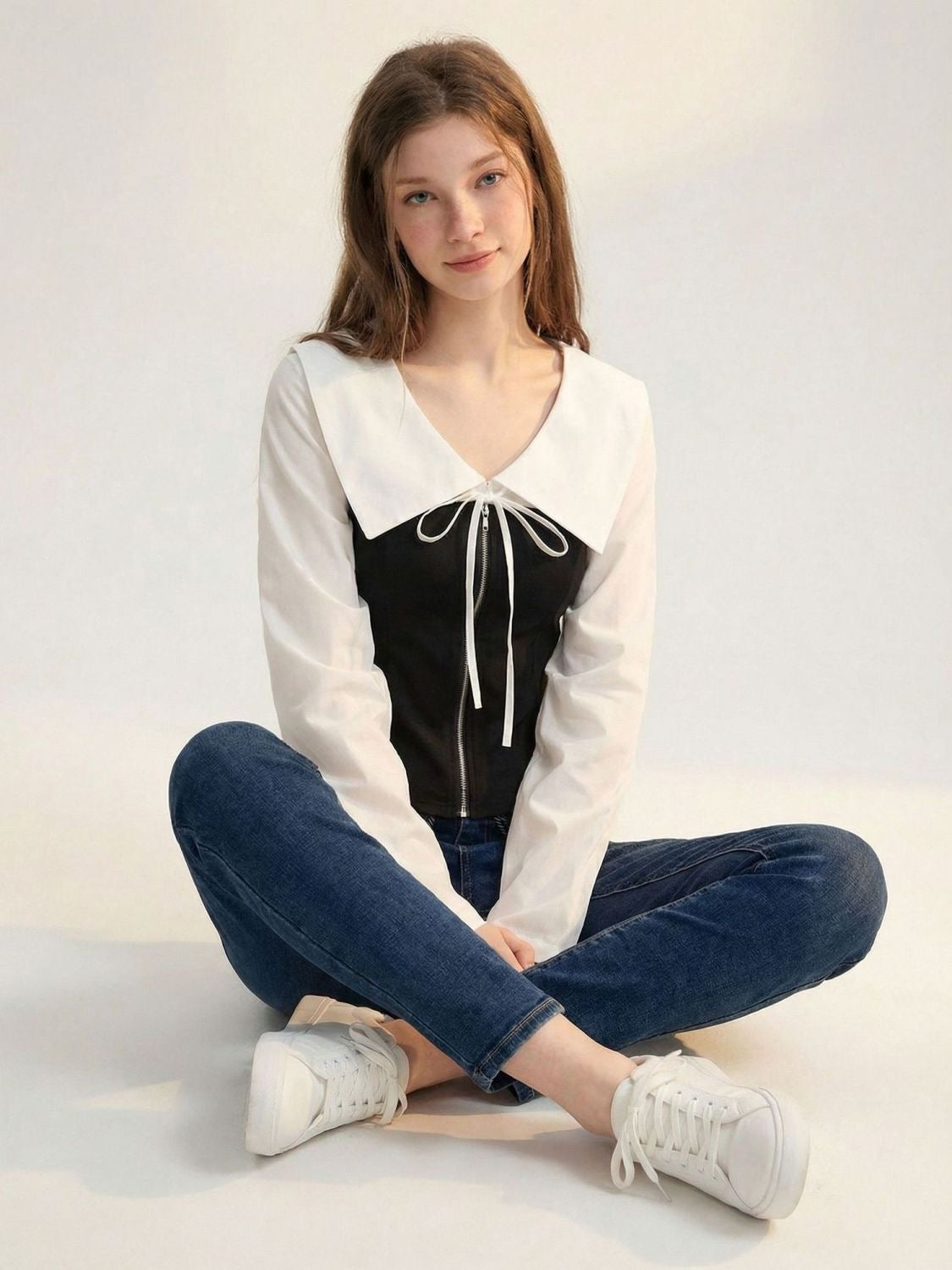 Contrast Peter Pan Collar Blouse - Black Corset-Style Zip Top with White Lantern Sleeves - Elegant French Chic Academic Shirt - INNA Original