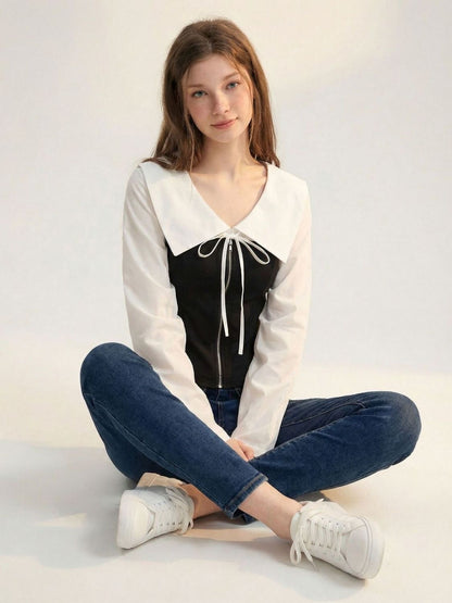 Contrast Peter Pan Collar Blouse - Black Corset-Style Zip Top with White Lantern Sleeves - Elegant French Chic Academic Shirt - INNA Original