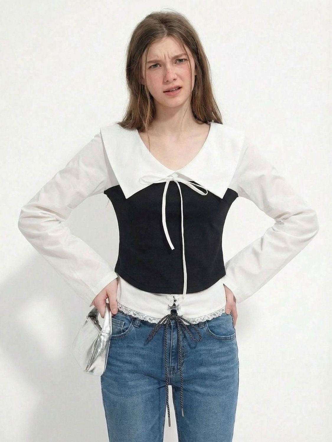 Contrast Peter Pan Collar Blouse - Black Corset-Style Zip Top with White Lantern Sleeves - Elegant French Chic Academic Shirt - INNA Original