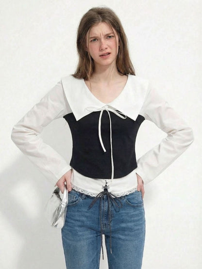 Contrast Peter Pan Collar Blouse - Black Corset-Style Zip Top with White Lantern Sleeves - Elegant French Chic Academic Shirt - INNA Original