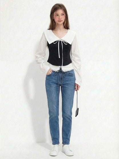 Contrast Peter Pan Collar Blouse - Black Corset-Style Zip Top with White Lantern Sleeves - Elegant French Chic Academic Shirt - INNA Original