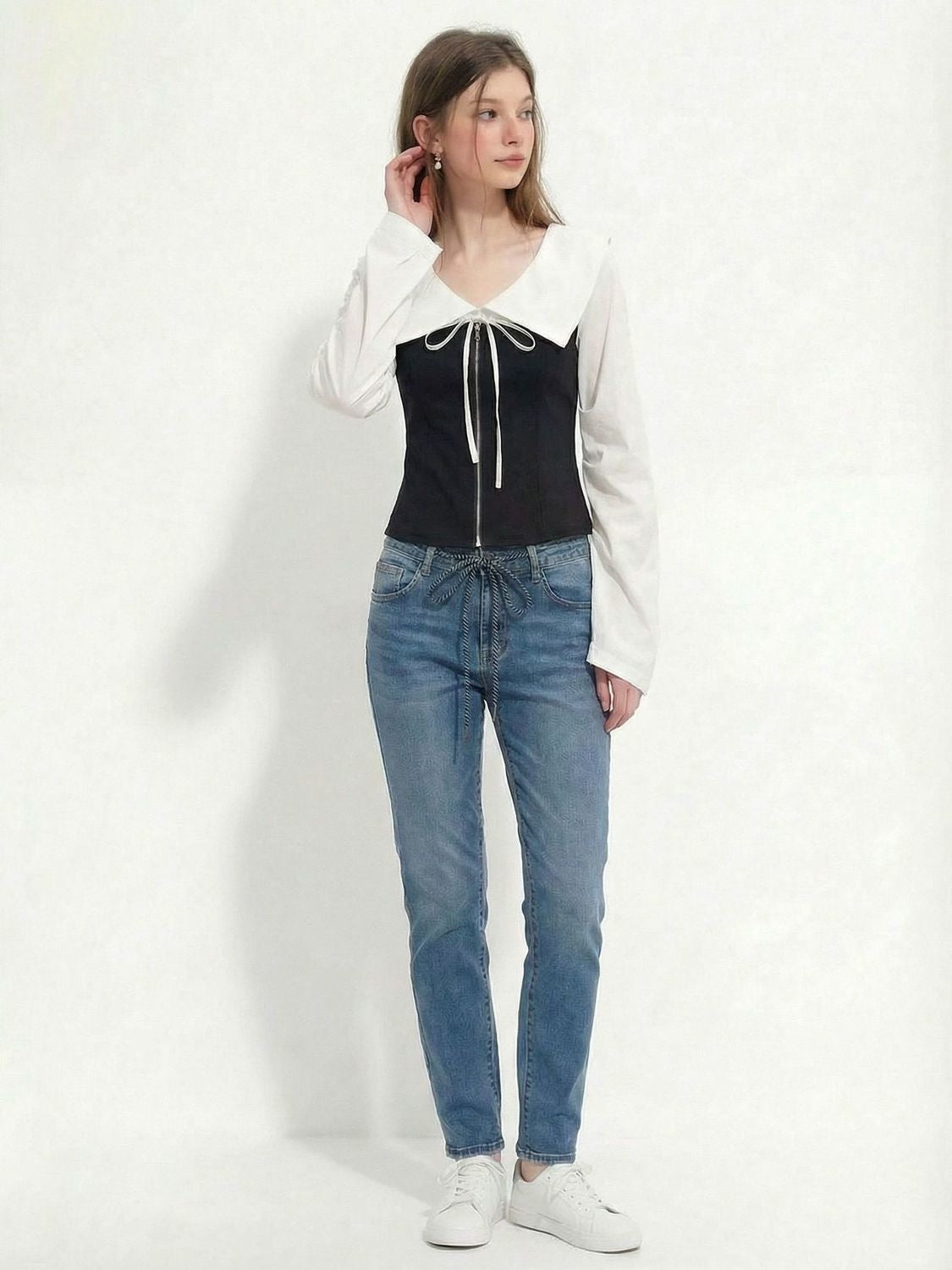 Contrast Peter Pan Collar Blouse - Black Corset-Style Zip Top with White Lantern Sleeves - Elegant French Chic Academic Shirt - INNA Original