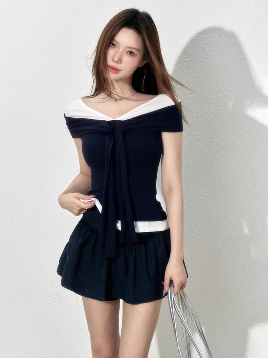 Nautical Off-the-Shoulder Wrap Top - Navy & White Contrast Slim Fit Short Sleeve Tee - Preppy Coastal Chic Sailor Aesthetic - INNA Exclusive