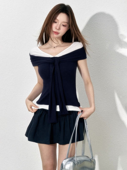 Nautical Off-the-Shoulder Wrap Top - Navy & White Contrast Slim Fit Short Sleeve Tee - Preppy Coastal Chic Sailor Aesthetic - INNA Exclusive