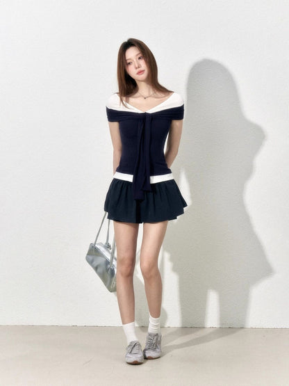 Nautical Off-the-Shoulder Wrap Top - Navy & White Contrast Slim Fit Short Sleeve Tee - Preppy Coastal Chic Sailor Aesthetic - INNA Exclusive