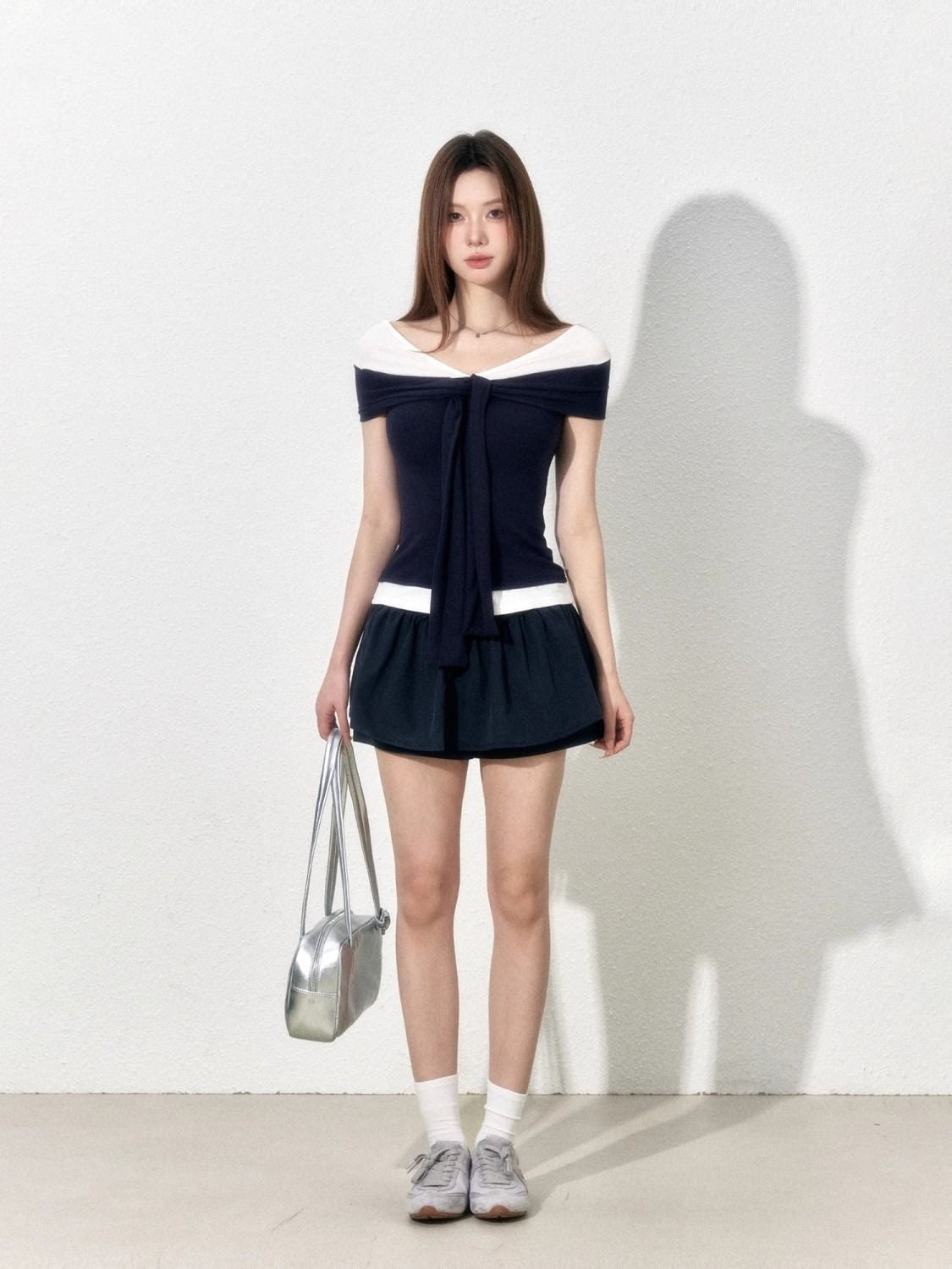 Nautical Off-the-Shoulder Wrap Top - Navy & White Contrast Slim Fit Short Sleeve Tee - Preppy Coastal Chic Sailor Aesthetic - INNA Exclusive