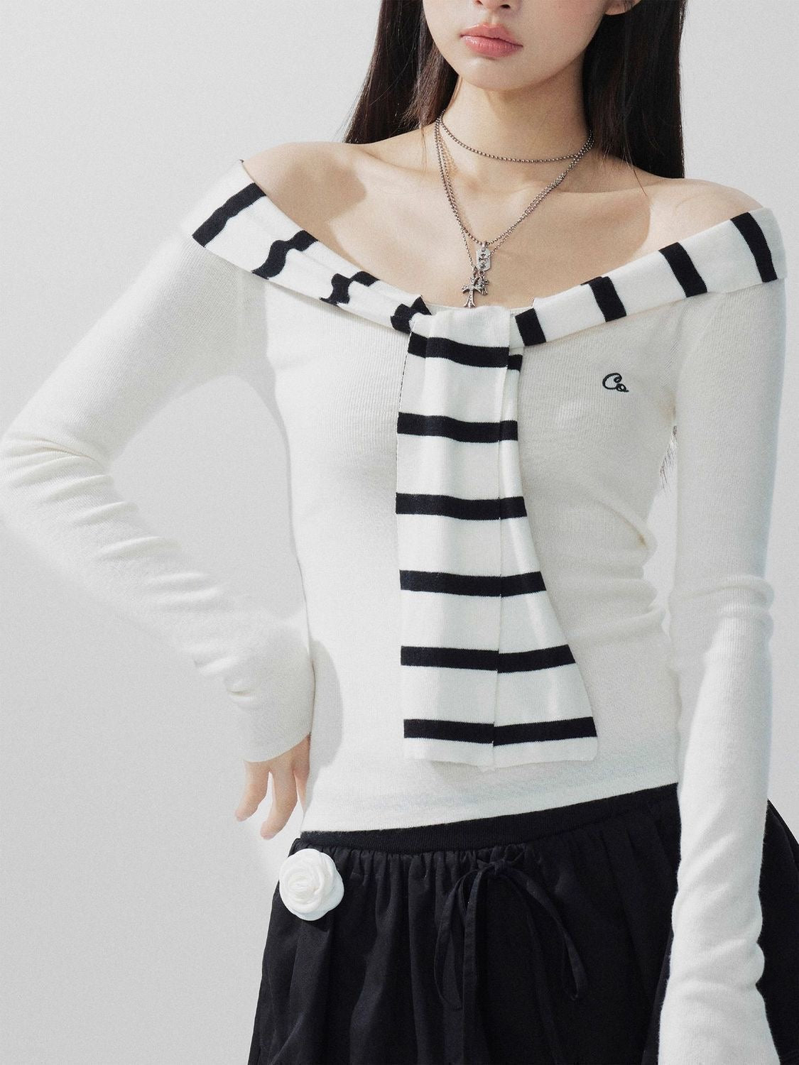 Paris Stripe Off-Shoulder Knit Top