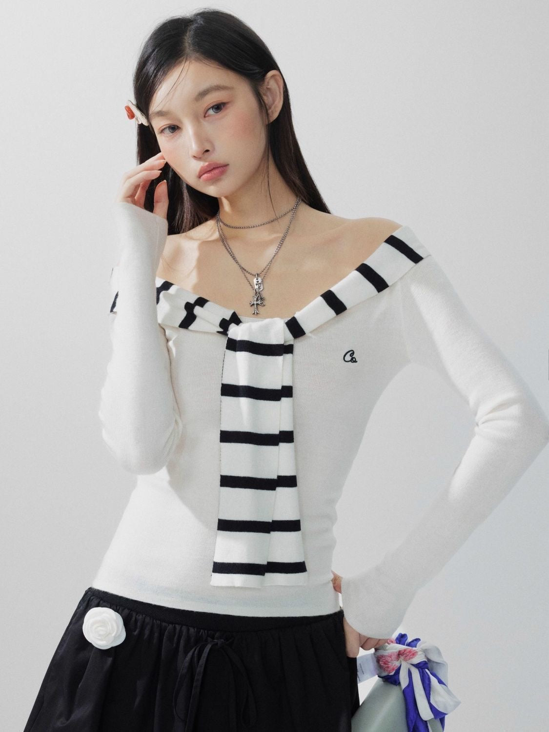 Paris Stripe Off-Shoulder Knit Top