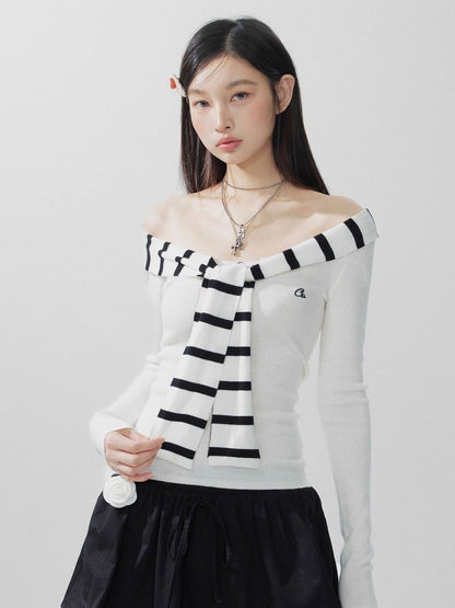 Paris Stripe Off-Shoulder Knit Top