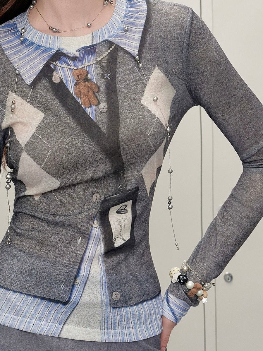 Grey Argyle Trompe L'oeil Print Long Sleeve Top - Office Siren Aesthetic Slim Fit Cardigan Graphic Tee - Geek Chic Academic Style