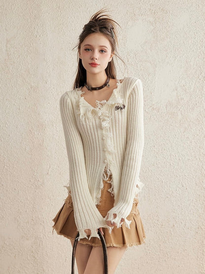 Distressed Ruffle Knit Cardigan - White Cropped Long Sleeve Sweater - Raw Hem Grunge Coquette Top - INNA Original Design