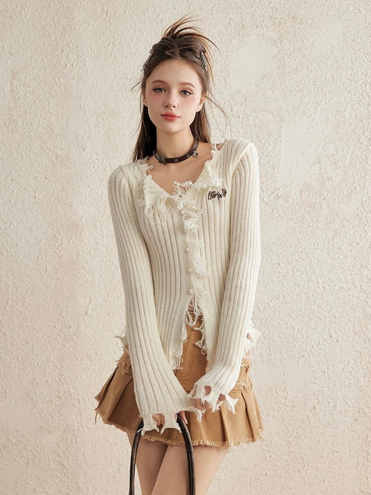 Distressed Ruffle Knit Cardigan - White Cropped Long Sleeve Sweater - Raw Hem Grunge Coquette Top - INNA Original Design