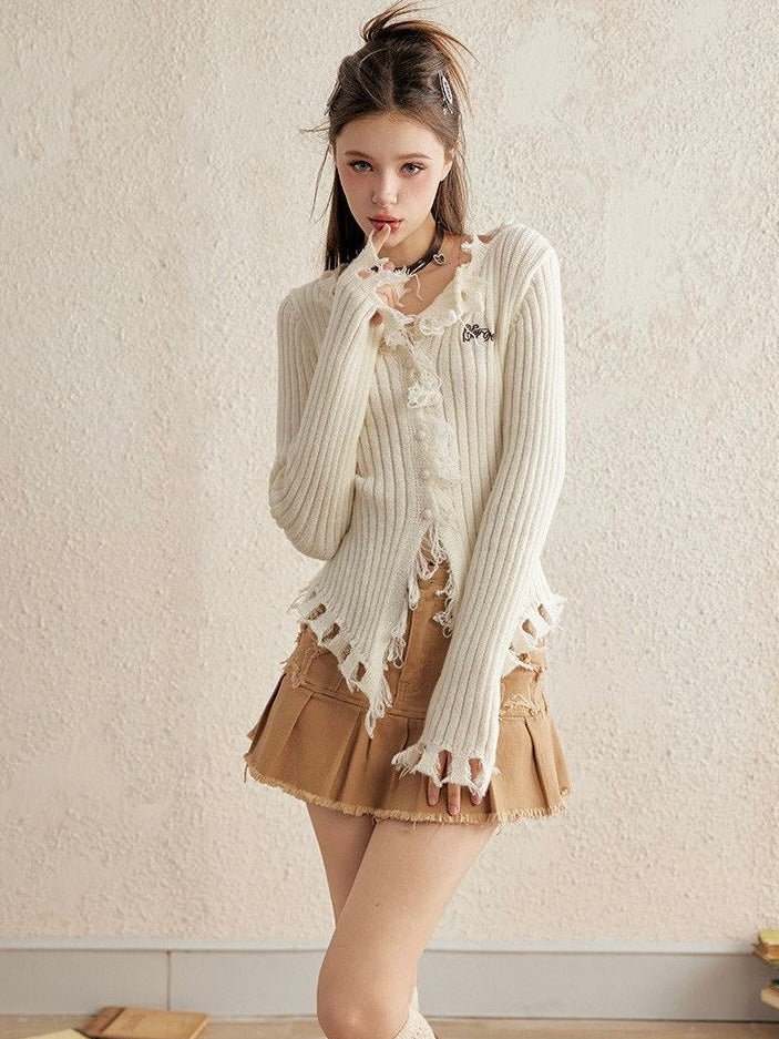 Distressed Ruffle Knit Cardigan - White Cropped Long Sleeve Sweater - Raw Hem Grunge Coquette Top - INNA Original Design