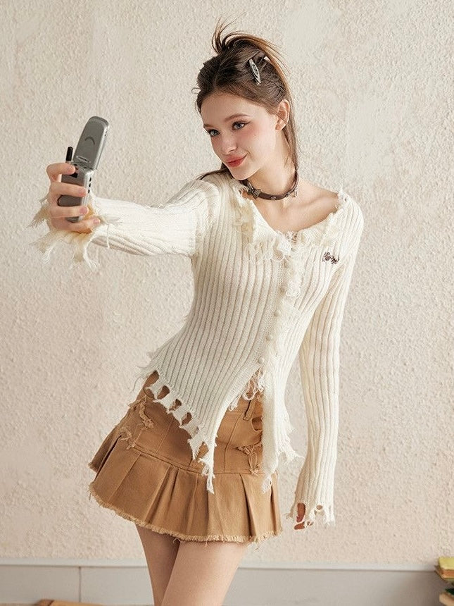 Distressed Ruffle Knit Cardigan - White Cropped Long Sleeve Sweater - Raw Hem Grunge Coquette Top - INNA Original Design