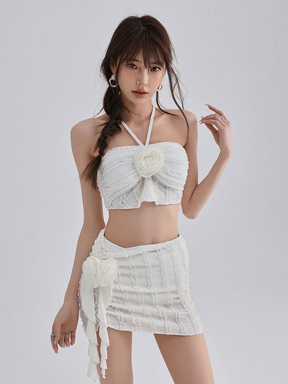 Camellia White Bikini Three-Piece Set