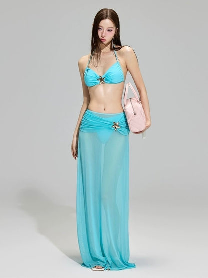 Lake-blue Starfish Swimsuit Three-Piece Set