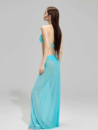 Lake-blue Starfish Swimsuit Three-Piece Set
