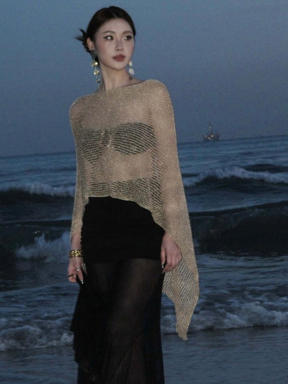 Sparkly Metallic Mesh Beach Cover Up | Gold Sheer Net Poncho Top | Shimmering See-Through Resort Wear for Women | Luxury Night-Out Overlay