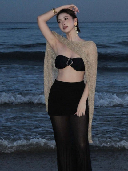 Sparkly Metallic Mesh Beach Cover Up | Gold Sheer Net Poncho Top | Shimmering See-Through Resort Wear for Women | Luxury Night-Out Overlay