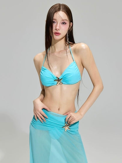 Lake-blue Starfish Swimsuit Three-Piece Set