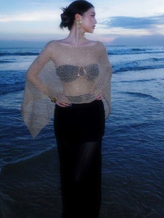 Sparkly Metallic Mesh Beach Cover Up | Gold Sheer Net Poncho Top | Shimmering See-Through Resort Wear for Women | Luxury Night-Out Overlay