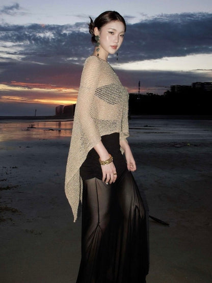Sparkly Metallic Mesh Beach Cover Up | Gold Sheer Net Poncho Top | Shimmering See-Through Resort Wear for Women | Luxury Night-Out Overlay