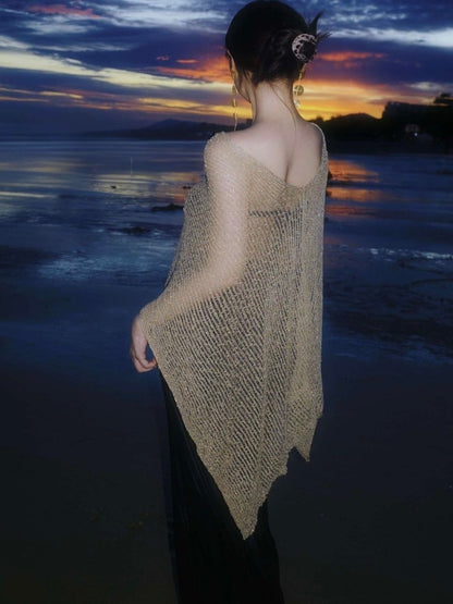 Sparkly Metallic Mesh Beach Cover Up | Gold Sheer Net Poncho Top | Shimmering See-Through Resort Wear for Women | Luxury Night-Out Overlay