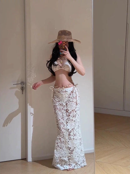 Golden Hour Resort Set with Bikini Lace Skirt and Pearl Waist Chain
