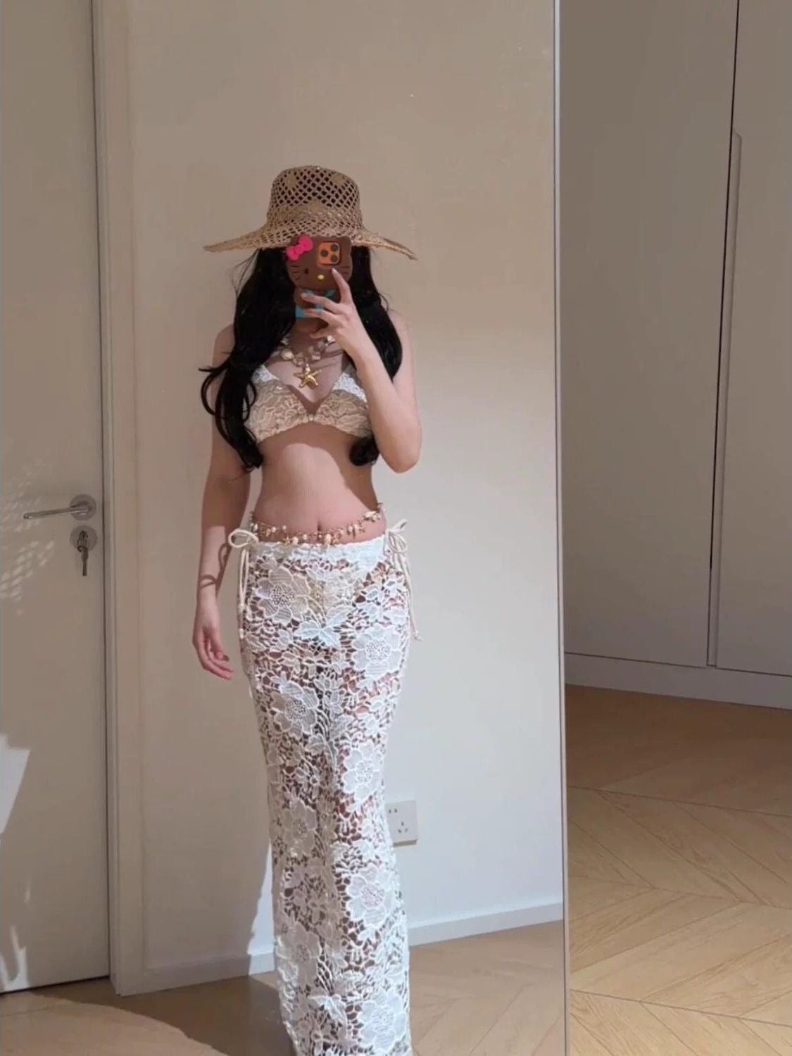 Golden Hour Resort Set with Bikini Lace Skirt and Pearl Waist Chain