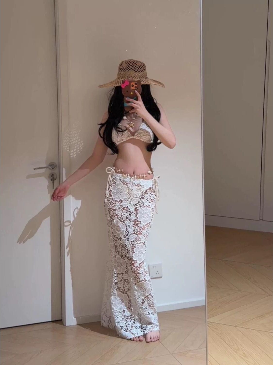 Golden Hour Resort Set with Bikini Lace Skirt and Pearl Waist Chain