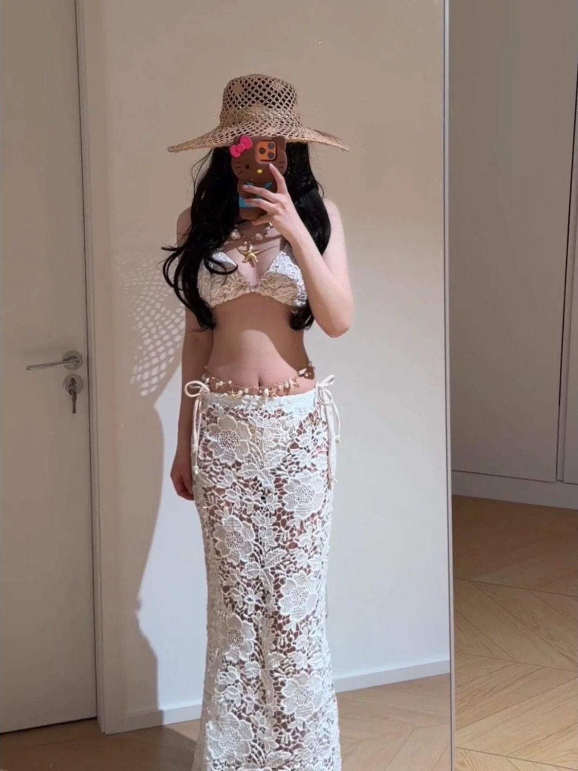 Golden Hour Resort Set with Bikini Lace Skirt and Pearl Waist Chain